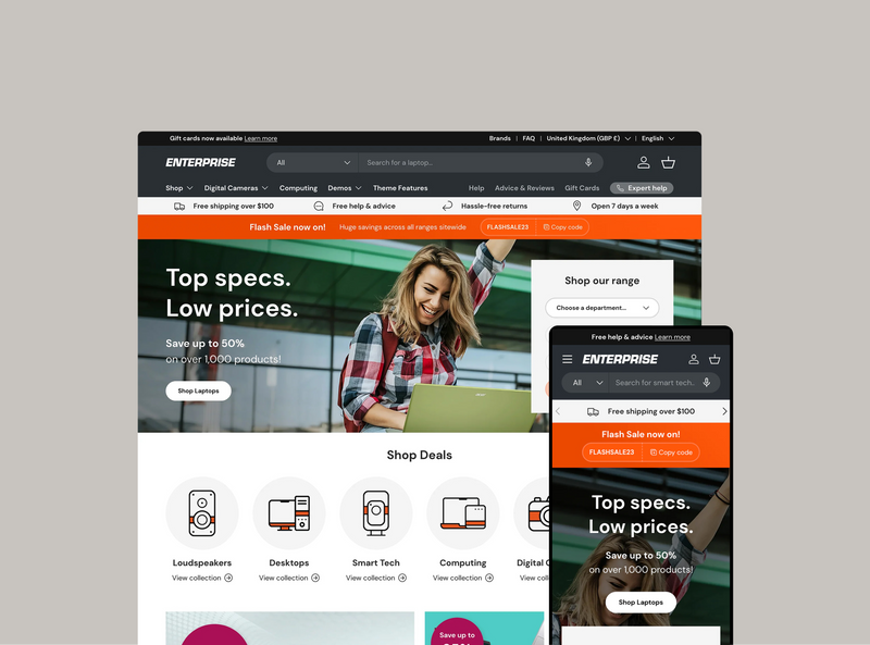 Enterprise website homepage displayed on a computer screen with a gray background
